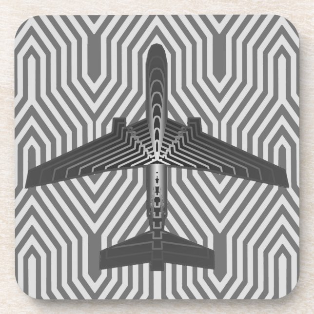 Art Deco Airplane, Graphite and Silver Gray Drink Coaster (Front)