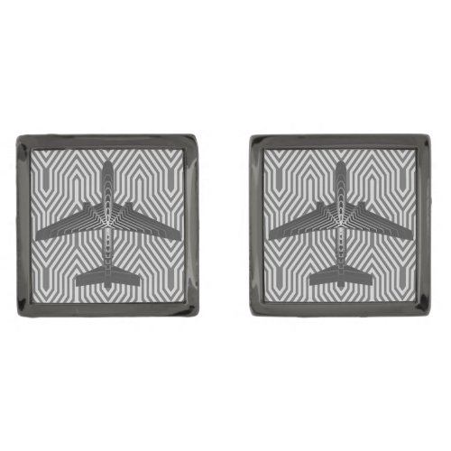 Art Deco Airplane Graphite and Silver Gray Gunmetal Finish Cufflinks