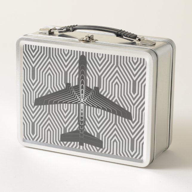 Art Deco Airplane, Graphite and Silver Gray Metal Lunch Box (Front)