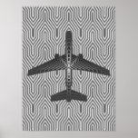 Art Deco Airplane, Graphite and Silver Gray Poster<br><div class="desc">Print in an Art Deco inspired concept of a futuristic plane,  in a striped,  silky gradient of silver to deep graphite gray / grey,  against  a light and deep silver gray,  Deco background</div>