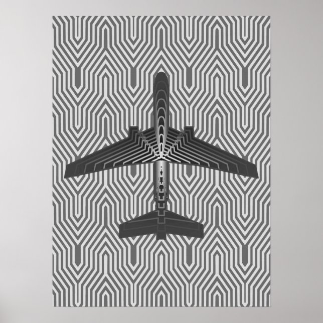 Art Deco Airplane, Graphite and Silver Gray Poster (Front)