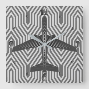 Art Deco Airplane, Graphite and Silver Gray Square Wall Clock