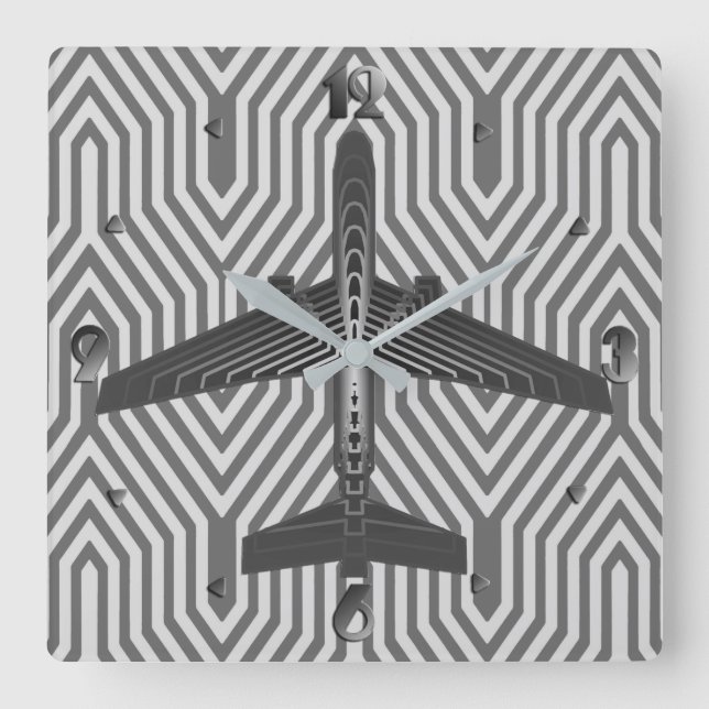 Art Deco Airplane, Graphite and Silver Gray Square Wall Clock (Front)