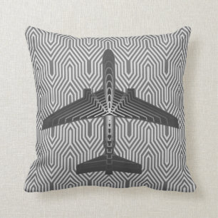 Art Deco Airplane, Graphite and Silver Gray Throw Pillow