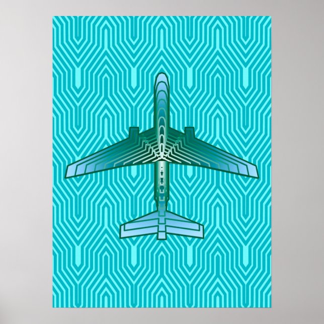 Art Deco Airplane, Turquoise, Teal and Aqua Poster (Front)