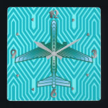 Art Deco Airplane, Turquoise, Teal and Aqua Square Wall Clock<br><div class="desc">Clock in an Art Deco inspired concept of a futuristic plane,  in a striped,  silky gradient of teal,  turquoise and aqua,  on a turquoise and aqua,  Deco background</div>