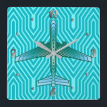 Art Deco Airplane, Turquoise, Teal and Aqua Square Wall Clock<br><div class="desc">Clock in an Art Deco inspired concept of a futuristic plane,  in a striped,  silky gradient of teal,  turquoise and aqua,  on a turquoise and aqua,  Deco background</div>