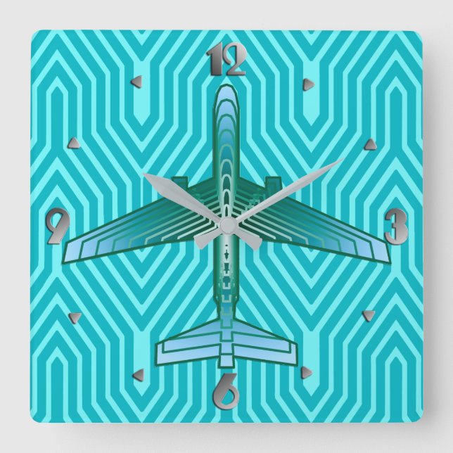 Art Deco Airplane, Turquoise, Teal and Aqua Square Wall Clock (Front)