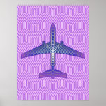 Art Deco Airplane, Violet Purple and Silver Gray Poster<br><div class="desc">Print in an Art Deco inspired concept of a futuristic plane,  in a striped,  silky gradient of lilac to deep violet purple,  with bands of silver gray / gray,  on a pastel lilac and orchid,  Deco background</div>