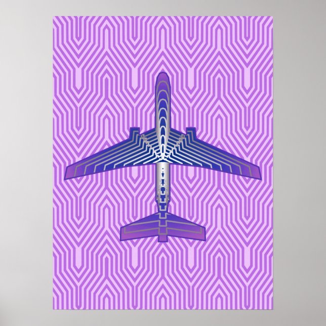 Art Deco Airplane, Violet Purple and Silver Gray Poster (Front)