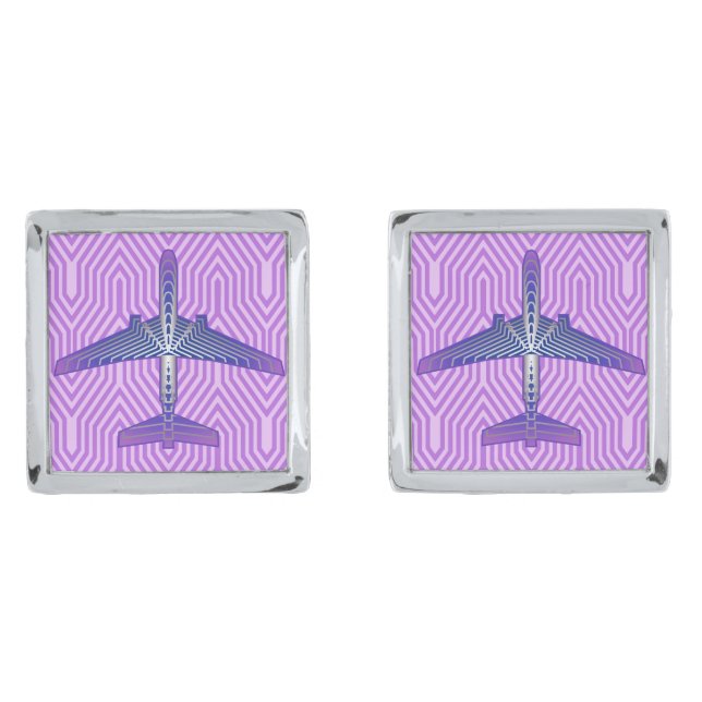 Art Deco Airplane, Violet Purple and Silver Gray Silver Cufflinks (Front)