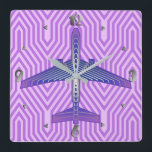 Art Deco Airplane, Violet Purple and Silver Gray Square Wall Clock<br><div class="desc">Clock in an Art Deco inspired concept of a futuristic plane,  in a striped,  silky gradient of lilac to deep violet purple,  with bands of silver gray / grey,  on a pastel lilac and orchid,  Deco background</div>