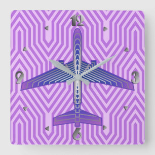 Art Deco Airplane, Violet Purple and Silver Gray Square Wall Clock