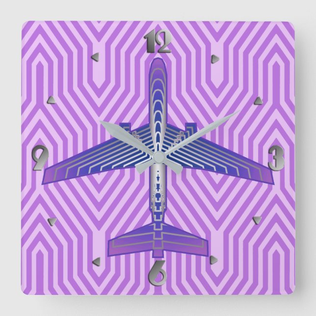 Art Deco Airplane, Violet Purple and Silver Gray Square Wall Clock (Front)