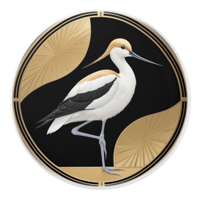 Art Deco American Avocet Bird Black White Gold Ceramic Knob (Front)