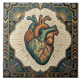 Art Deco Anatomical Heart Teal Green Gold Design Ceramic Tile