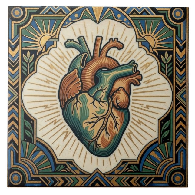 Art Deco Anatomical Heart Teal Green Gold Design Ceramic Tile (Front)