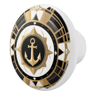 Art Deco Anchor Black and Gold Nautical Ceramic Knob