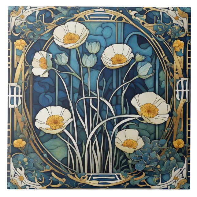 Art Deco Anemone Flowers Art Nouveau Blue Floral Ceramic Tile (Front)