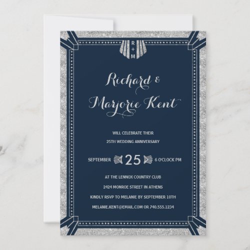 Art Deco Anniversary Party Silver and Navy Blue Invitation