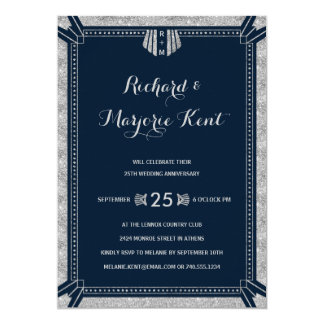 Art Deco Anniversary Party Silver and Navy Blue Invitation