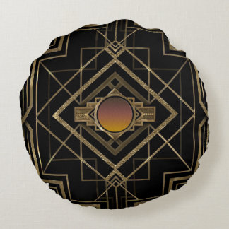 Art Deco Antique Gold Round Pillow