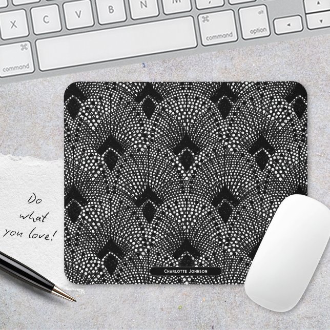 Art Deco Antracite Retro Peacock Pattern Mouse Pad (Art Deco Antrazite Black White Peacock Pattern Mouse Pad ©Susanne Sachers - Sunny Mind 🌞)