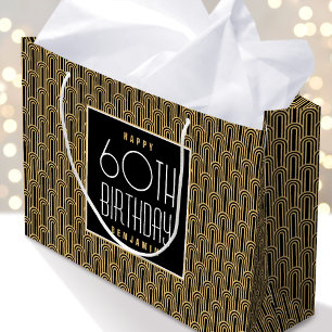 Art Deco Any Age Birthday Name Black Gold Elegant Large Gift Bag