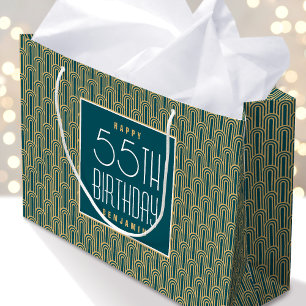 Art Deco Any Age Birthday Name Teal Gold Elegant Large Gift Bag