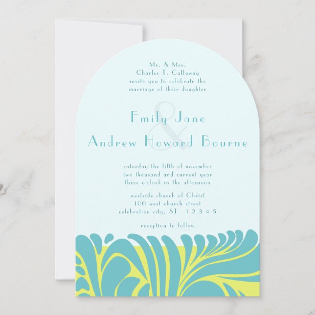 Art Deco Aqua Citrus Yellow Swirl Invitation (Front)
