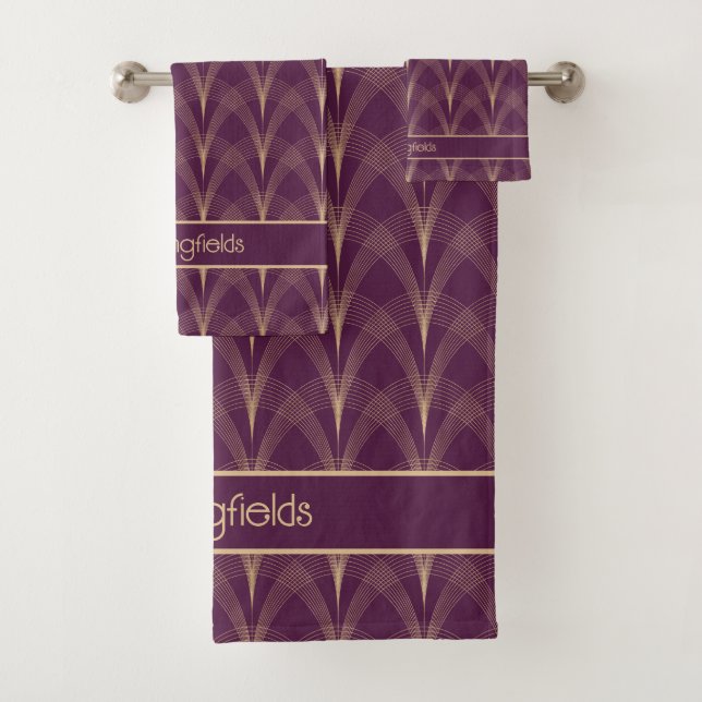 Art Deco arches on dark purple Bath Towel Set (Insitu)