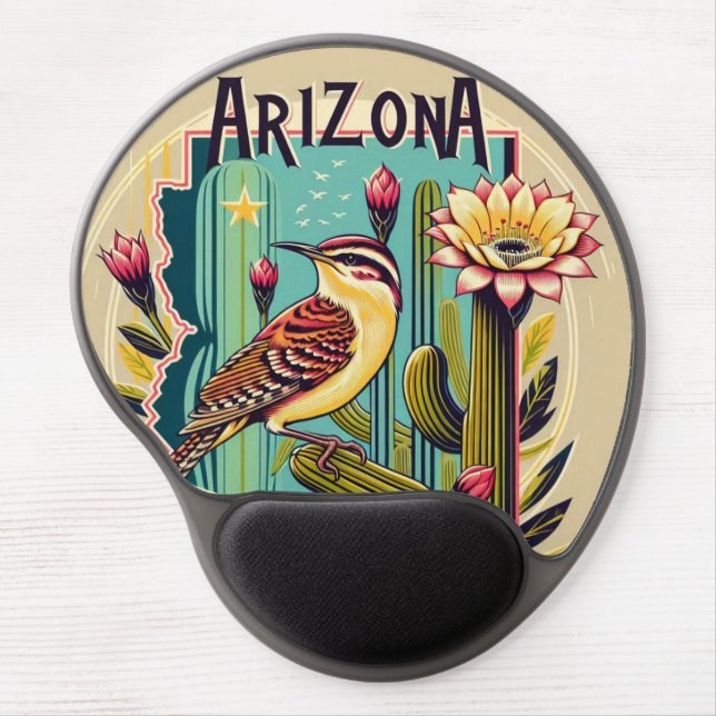 Art Deco Arizona Cactus Wren and State Flower Gel Mouse Pad (Front)