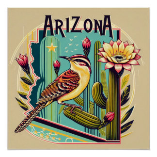 Art Deco Arizona State Bird and Flower Design Poster