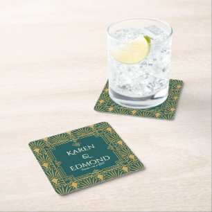 Art Deco Art Nouveau Green Gold Tone Modern Square Paper Coaster