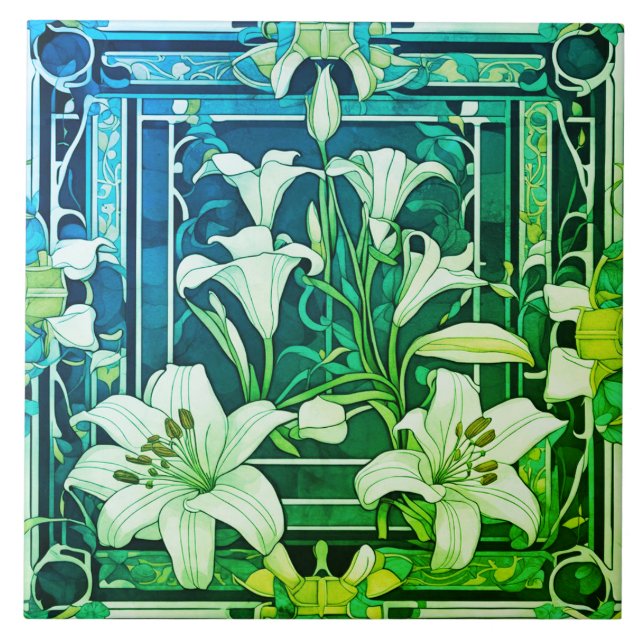 Art Deco Art Nouveau Lily Flower Green Floral Ceramic Tile (Front)