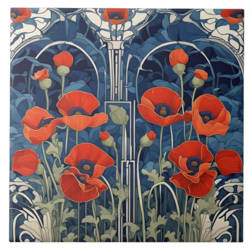 Art Deco Art Nouveau Red Poppy Flowers Blue Ceramic Tile