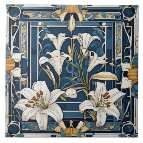 Art Deco Art Nouveau White Lily Flower Blue Floral Ceramic Tile