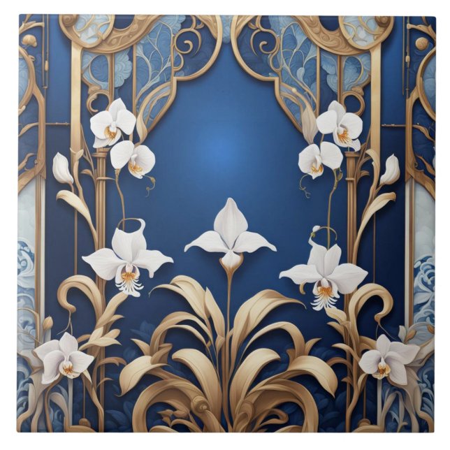 Art Deco Art Nouveau White Orchid Flowers on Blue Ceramic Tile (Front)