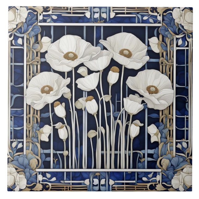Art Deco Art Nouveau White Poppy Flowers Blue Ceramic Tile (Front)