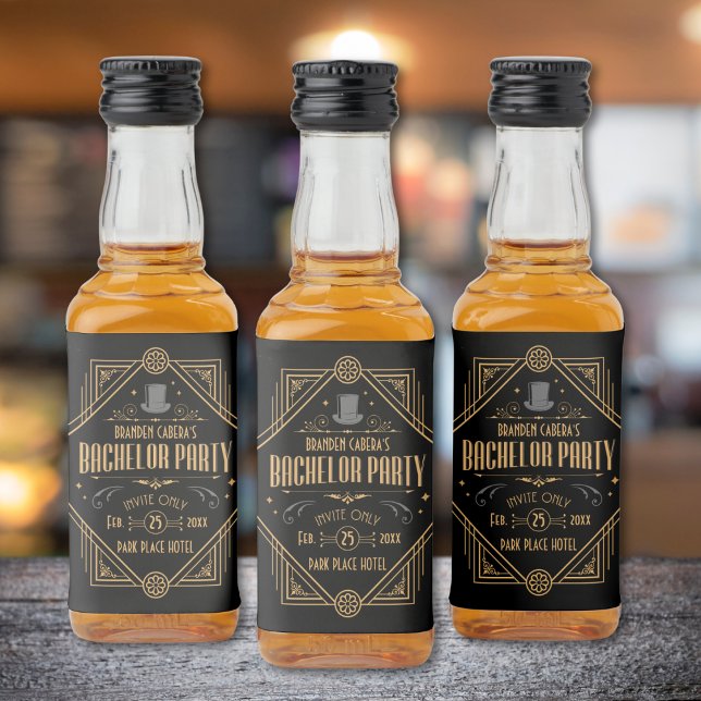 Art Deco Bachelor Party Speakeasy Favor Liquor Bottle Label (bachelor party liquor bottle  Art Deco speakeasy 1920s theme gold and black groomsmen best man gift)