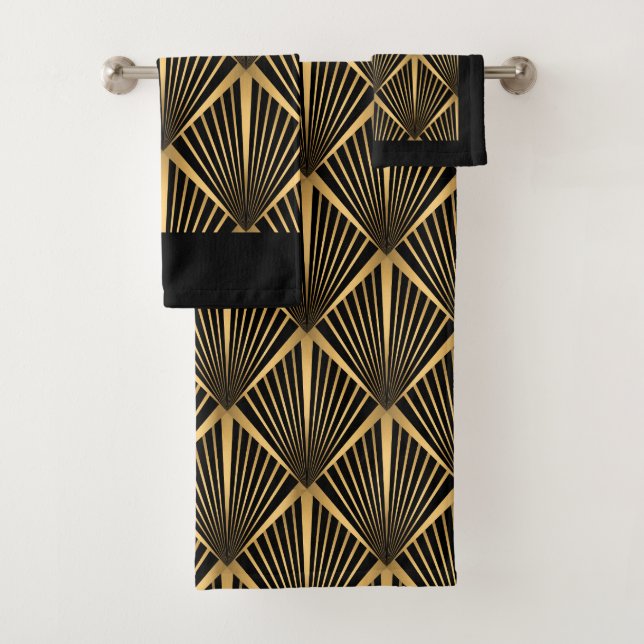 Art Deco Back And Gold Bath Towel Set (Insitu)