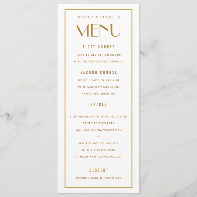 Art Deco Backer Gold Border Wedding Menu Card (Front)