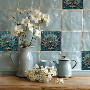 Art Deco Beautiful Flower Blossom, Turquoise Gems Ceramic Tile