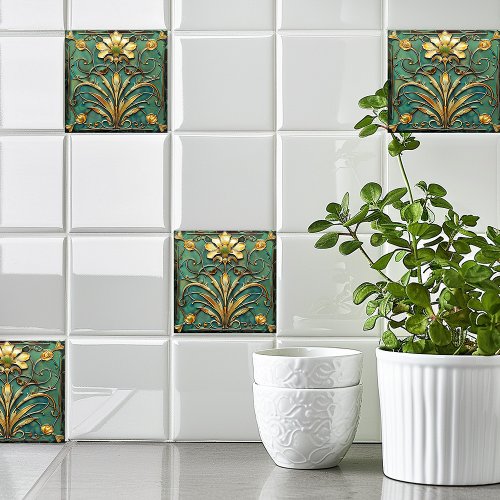  Art Deco Beautiful Lily Turquoise Green Gold Ceramic Tile