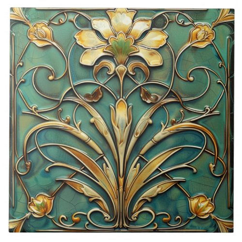  Art Deco Beautiful Lily Turquoise Green Gold Ceramic Tile