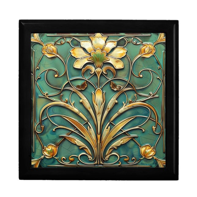  Art Deco Beautiful Lily Turquoise Green Gold Gift Box (Front)