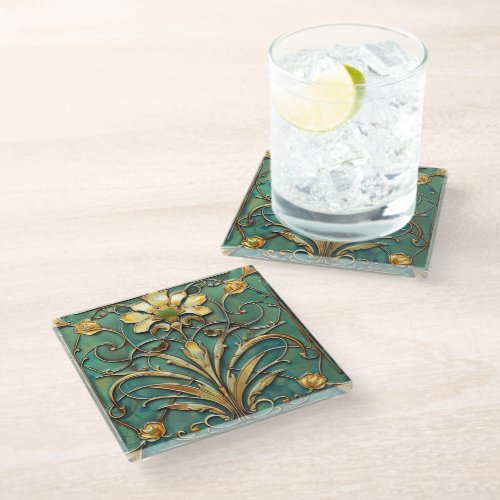  Art Deco Beautiful Lily Turquoise Green Gold Glass Coaster