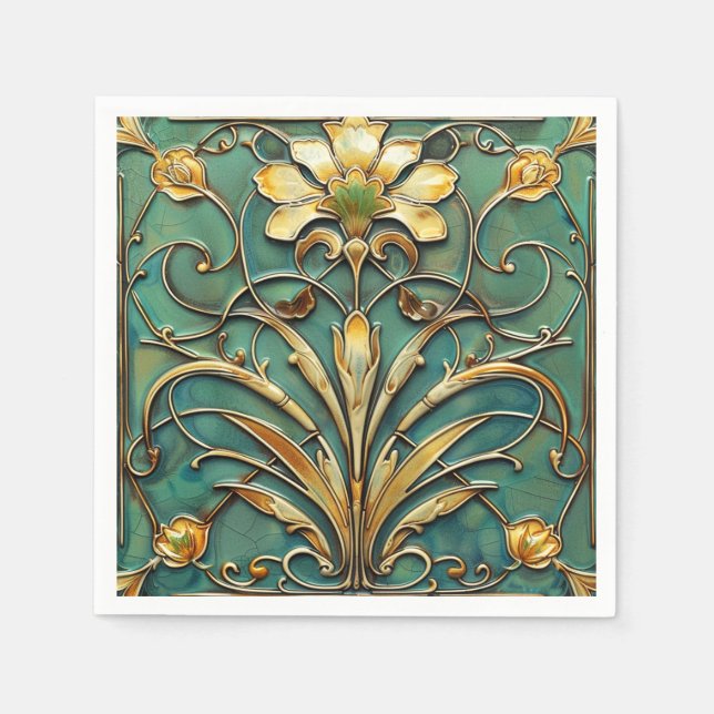  Art Deco Beautiful Lily Turquoise Green Gold Napkins (Front)