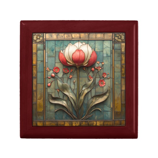 Art Deco Beautiful Pink & White Tulip Tile Gift Box (Front)