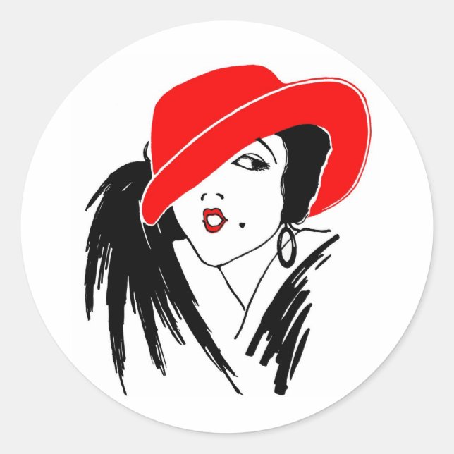 Art Deco Beautiful Woman Red Hat Classic Round Sticker (Front)